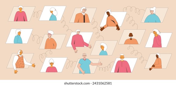 Senior aged people online meeting. Elderly men and women communication. Old friends remote talk. Retired lifestyle in community. Vector flat illustration.