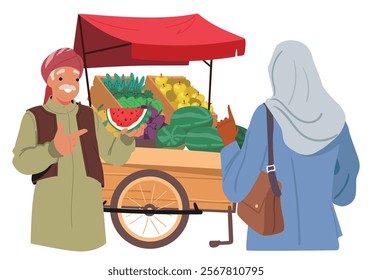 Senior arabic man seller character offering exotic fruits, vegetables and greenery from awning cart at east market street fair vector illustration. Eastern woman shopping at open air bazaar scene