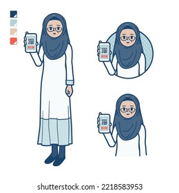 A senior arabic woman with cashless payment on smartphone images.It's vector art so it's easy to edit.