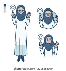A senior arabic woman with Put out a circle panel images.It's vector art so it's easy to edit.