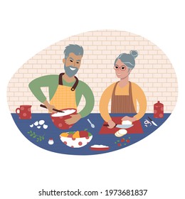 Senior Asian Man And Caucasian Woman Preparing Food Together. Couple Cooking A Meal. Flat Style Illustration.