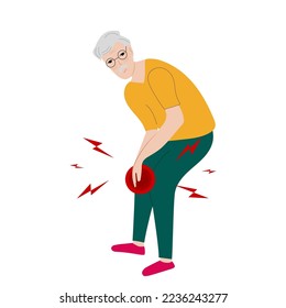 Senior Asian man have knee pain, leg pain in flat design on white background. Guy use hand touching on leg and massage to relax his muscle. Vector illustration.