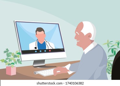 Senior Asian Man Staying At Home Consulting A Doctor Through Video Call