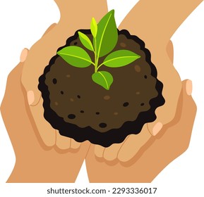 Senior and baby holding young plant in hands. Small tree for planting.  Eco, green world, earth day concept. A green sprout in hands. Vector illustration.