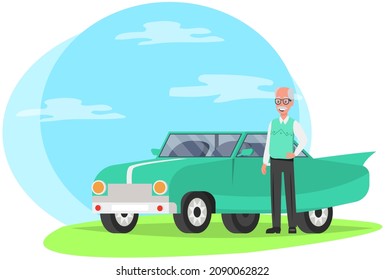 Senior bald man with glasses and vest next to his personal transport. Elderly male character with gray hair. Pensioner, retired person stands near retro car. Granddad, grandfather vector illustration