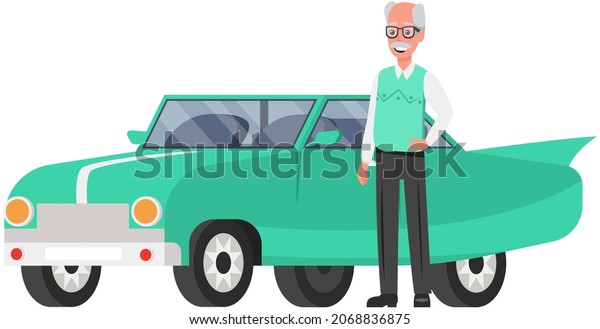 Senior bald man with glasses and vest next\
to his personal transport. Elderly male character with gray hair.\
Pensioner, retired person stands near retro car. Granddad,\
grandfather vector\
illustration