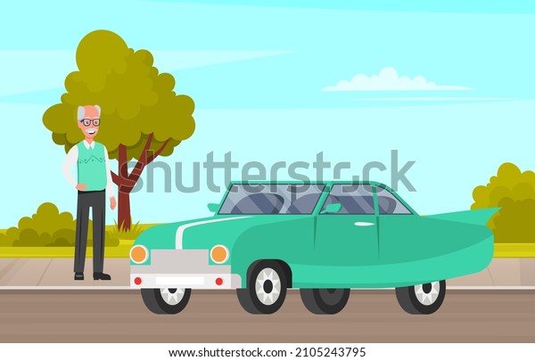 Senior bald man with glasses and vest next
to his personal transport. Elderly male character with gray hair.
Pensioner, retired person stands near retro car. Granddad,
grandfather vector
illustration