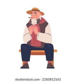 Senior Bearded Man Character Playing Cards Game Sitting on Chair and Smoking Cigar Vector Illustration