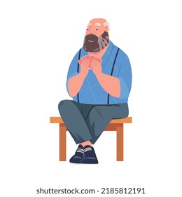 Senior Bearded Man Character Playing Cards Game Sitting on Chair Vector Illustration