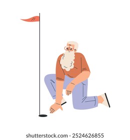 Senior Bearded Man Character Playing Golf Sport Sit at Flag Pole Vector Illustration