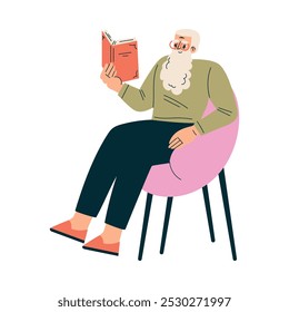 Senior Bearded Man Charakter Sitz auf Stuhl Buch lesen Vektorgrafik