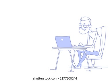 senior bearded man using laptop businessman sitting office workplace working process sketch doodle horizontal vector illustration