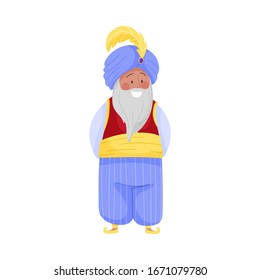 Senior Bearded Sultan Character in Turban with Feather Wearing East Clothing Vector Illustration