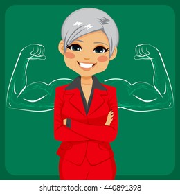 Senior beautiful businesswoman with arms crossed in front of strong and muscled arms sketch drawing