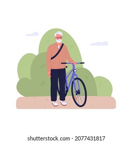 Senior Biker Standing With Bicycle. Modern Old Person, Cyclist With Bike. Aged Bicyclist Portrait In Nature. Active Elderly Man. Outdoor Activity. Flat Vector Illustration Isolated On White Background