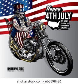 Senior biker wear American costume and riding a chopper  motorcycle on fourth of july independence day