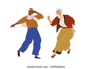 Senior Biracial Couple Dance. Happy Elderly Woman And Man Of Different Race Dancing. Active Old Spouse Moving To Music With Fun And Joy. Flat Graphic Vector Illustration Isolated On White Background