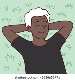Senior black dark brown skinned man with white hair rests on green grass with hands behind head. Represents tranquility, aging, wellness, and emotional balance