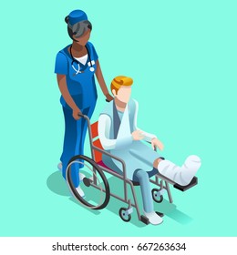 Senior black female nurse pushing male person patient in wheelchair. Medical day hospital interior room isolated flat 3d isometric hero people vector illustration images.