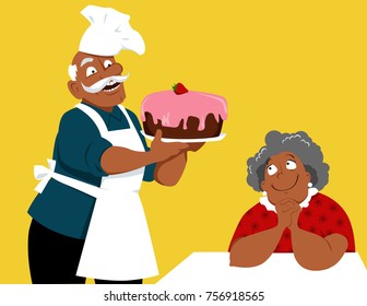 Senior black man in a cook hat and apron holding a cake, his wife looking at him adoringly, EPS 8 vector illustration