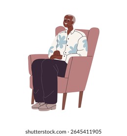 Senior black man sitting in armchair. Old aged African male with gray hair, relaxing in cozy seat, smiling. Elderly person, calm leisure, rest. Flat vector illustration isolated on white background