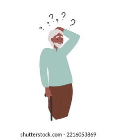 Senior black man thinking, forgetful pensive elderly people with Alzheimer Disease. Confused Grandfather. Forget and trying remember. Troubled worried oldies. Cartoon flat vector illustration