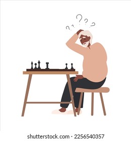 Senior black man thinking, forgetful pensive elderly people with Alzheimer, Dementia Disease. Confused Grandfather. Forget and trying remember. Troubled worried oldies. 