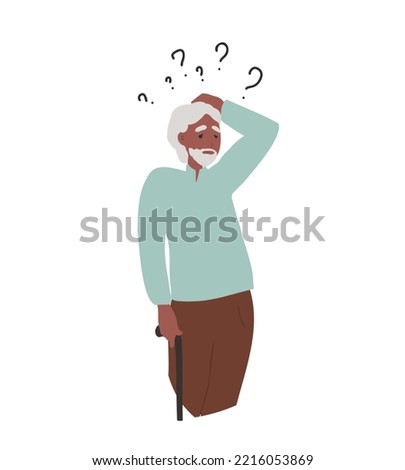Senior black man thinking, forgetful pensive elderly people with Alzheimer Disease. Confused Grandfather. Forget and trying remember. Troubled worried oldies. Cartoon flat vector illustration