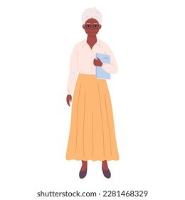 Senior black woman with book. School teacher, librarian, business woman. Vector illustration in flat style