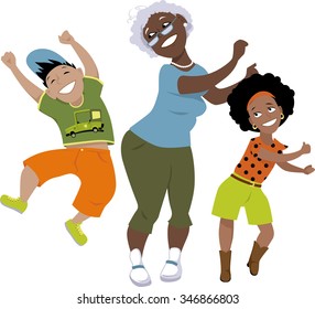 Senior Black Woman Dancing With A Little Boy And A Girl, EPS 8 Vector Illustration, No Transparencies, Isolated On White