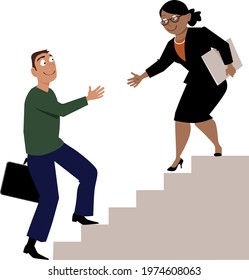 Senior black woman helping young protégé to go up career ladder, EPS 8 vector illustration 