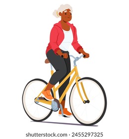 Senior Black Woman Riding A Bicycle. Active Elderly Female Character with Silver Hair Pedals Gracefully, As She Navigates The Streets With A Serene Determination. Cartoon People Vector Illustration