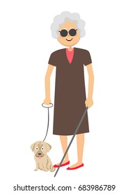 Senior blind woman standing with guide dog