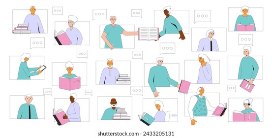 Senior book club online. Retirement community for older adults. Social networking for elderly reading enthusiasts. Vector flat illustration.