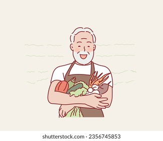 Senior con huerto de verduras de la caja. Ilustraciones de diseño vectorial de estilo dibujado a mano.