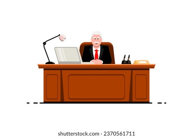 Jefe superior de negocios sentado en su escritorio sobre un fondo aislado, ilustración vectorial.