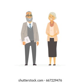 Senior Business Couple - colored vector modern flat illustrative composition of cartoon characters. Make a great presentation with these elder happy and friendly office workers in formal clothes.