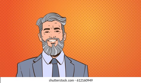 Senior Business Man Boss Portrait Over Pop Art Colorful Retro Style Vector Illustration