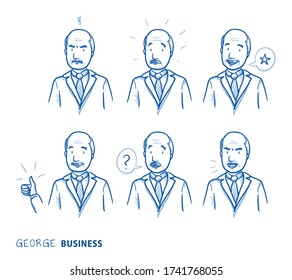 Senior business man in different emotional head shots  looking happy  sad  angry  stressed  confused  Hand drawn line art cartoon vector illustration 