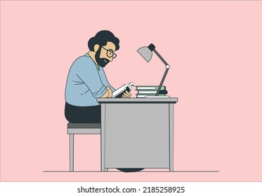 senior Business man reading from a book at his desk.  Focused young man studying and preparing for exams. Vector illustration isolated on white background.