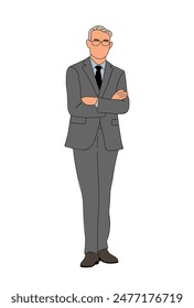 Hombre de negocios senior de pie de cuerpo entero. Hombre guapo con traje y corbata formal gris de oficina. Ilustración de contorno de color Vector aislado sobre fondo blanco.