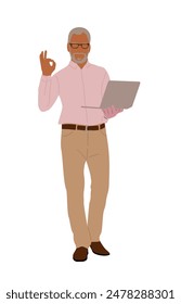 Senior Business man standing with laptop. Elegant man wearing smart casual office outfit showing sign okay. Vector realistic illustration isolated on transparent background.