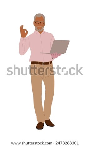 Senior Business man standing with laptop. Elegant man wearing smart casual office outfit showing sign okay. Vector realistic illustration isolated on transparent background.