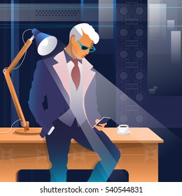 senior business man talk on mobile phone at modern bright office interior