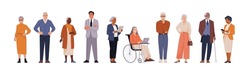 Senior business people collection. Vector cartoon illustration in a flat style of a group of diverse happy multi ethnic people in suits and office outfits. Isolated on white