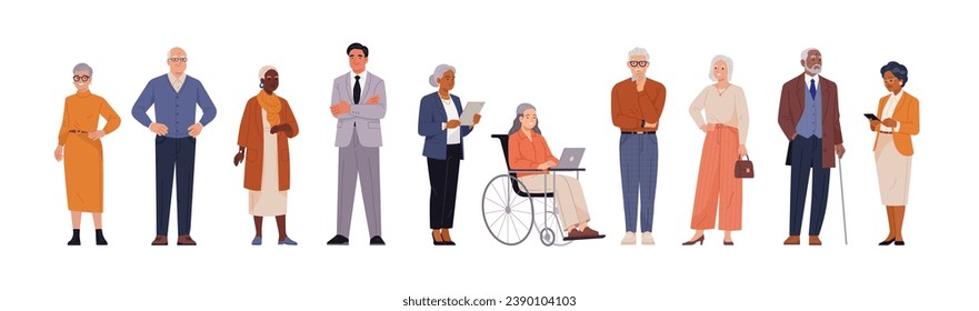 Senior business people collection. Vector cartoon illustration in a flat style of a group of diverse happy multi ethnic people in suits and office outfits. Isolated on white svg