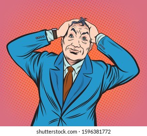 Senior business people are concerned with both hands holding their heads.Pop art vector illustration drawing. Comic book work style.