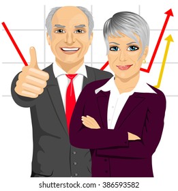 senior business people partners standing together with arms folded and giving thumbs up in front of line chart