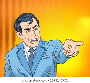 Senior business people staring sideways and pointing finger. Pop art retro illustration comic Style Vector, Separate images of people from the background. 