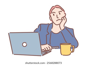 Senior business woman bored while working on laptop in office. Hand drawn style vector design illustrations.